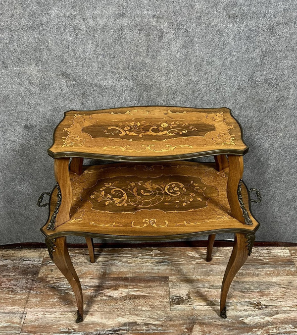 Double-top tea table in marquetry, Napoleon III period, circa 1870-1890