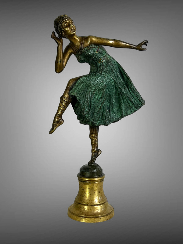 ART DECO BRONZE WITH POLYCHROME PATINA /DANCER / SIGNED "BOUSQUET" ON THE BASE