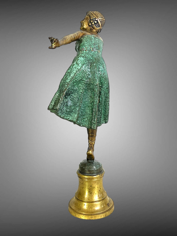 ART DECO BRONZE WITH POLYCHROME PATINA /DANCER / SIGNED "BOUSQUET" ON THE BASE