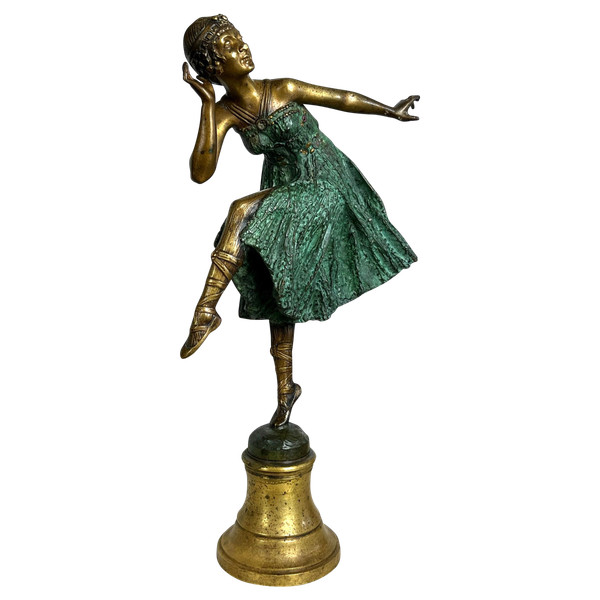 ART DECO BRONZE WITH POLYCHROME PATINA /DANCER / SIGNED "BOUSQUET" ON THE BASE