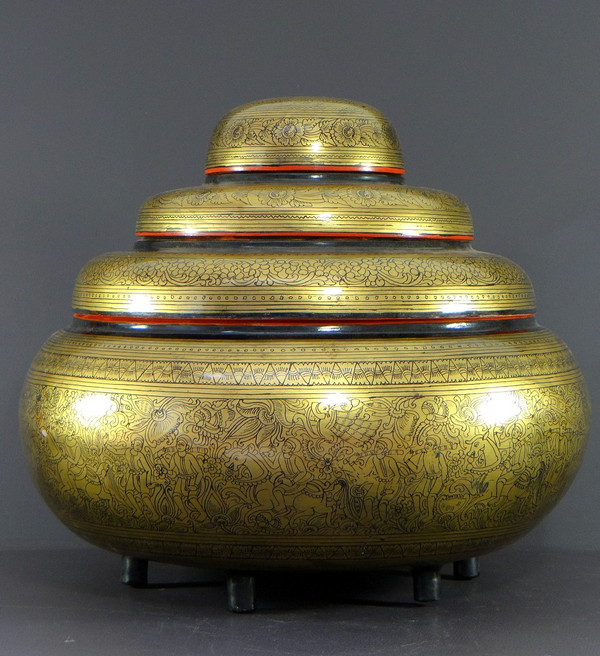 Burma, Mid-20th Century, Four-Level Gold-Red-Black Lacquer Offering Box.