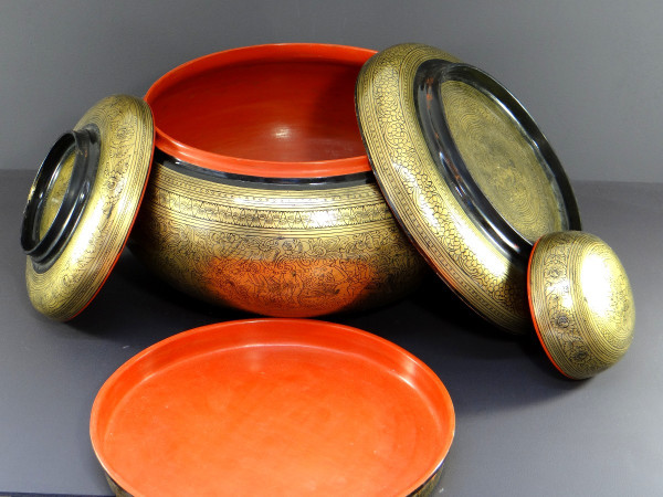 Burma, Mid-20th Century, Four-Level Gold-Red-Black Lacquer Offering Box.