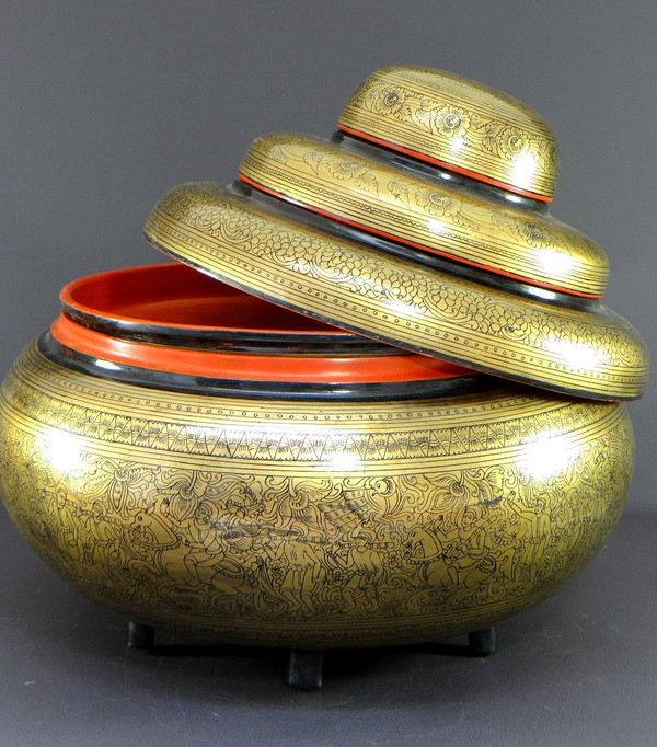 Burma, Mid-20th Century, Four-Level Gold-Red-Black Lacquer Offering Box.