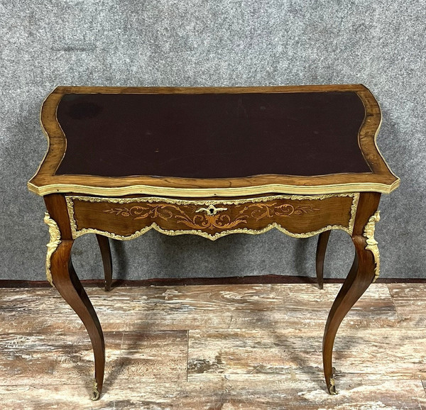 Louis XV style curved desk in precious wood marquetry circa 1880