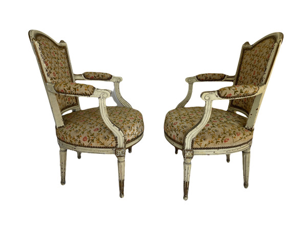 Pair of Louis XVI Period Armchairs in Cream Lacquered Natural Wood