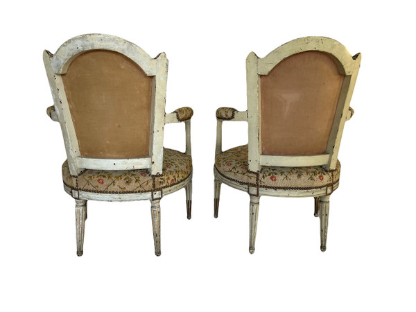 Pair of Louis XVI Period Armchairs in Cream Lacquered Natural Wood