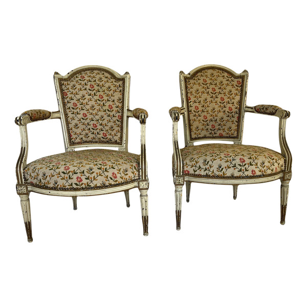 Pair of Louis XVI Period Armchairs in Cream Lacquered Natural Wood