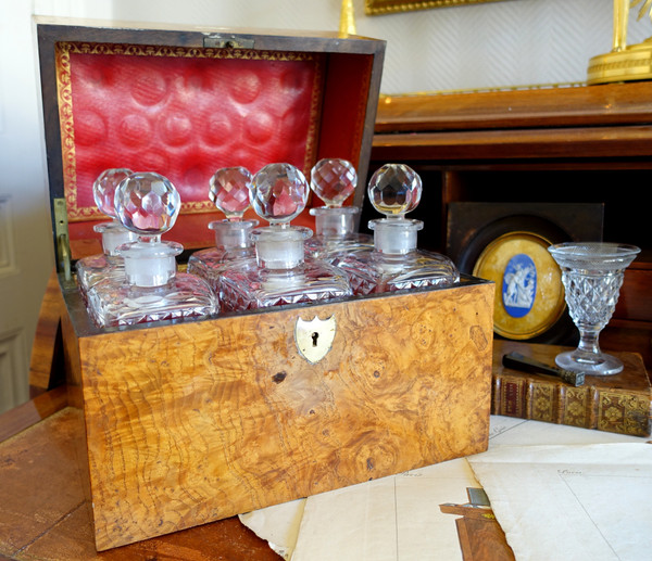 Restoration Empire liqueur cellar in burrwood and Le Creusot crystal, red morocco interior