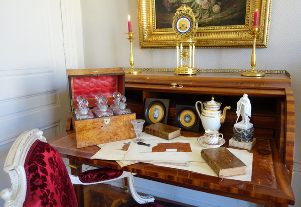 Restoration Empire liqueur cellar in burrwood and Le Creusot crystal, red morocco interior