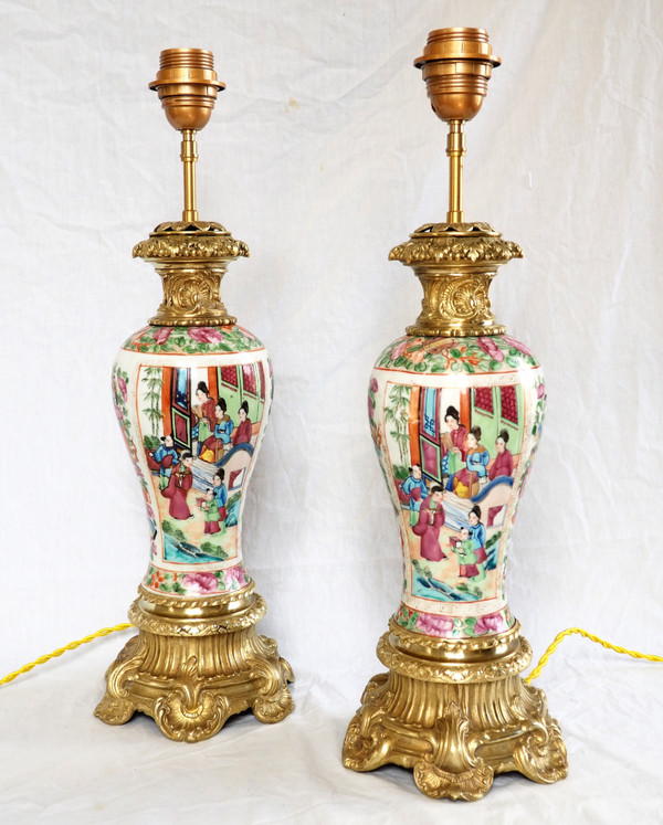 Pair of large lamps in Canton porcelain and gilt bronze