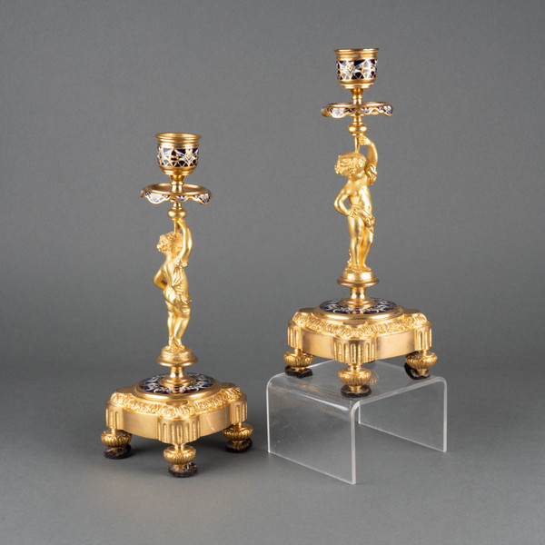 Pair of Enameled Gilded Bronze Candlesticks, 19th Century