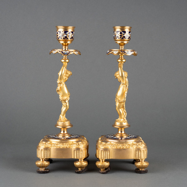 Pair of Enameled Gilded Bronze Candlesticks, 19th Century