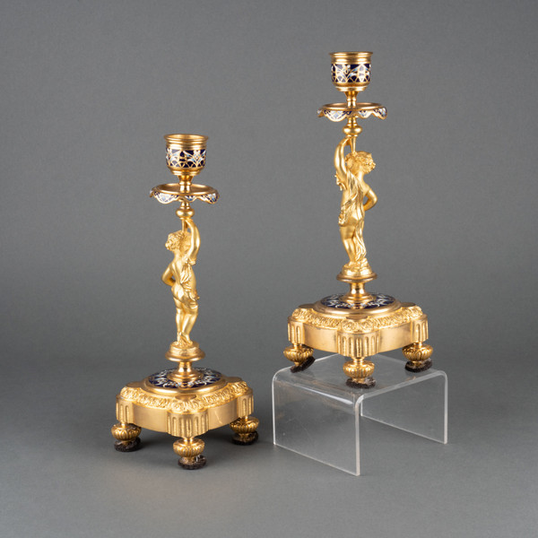 Pair of Enameled Gilded Bronze Candlesticks, 19th Century