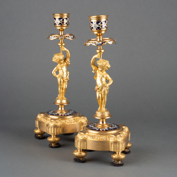 Pair of Enameled Gilded Bronze Candlesticks, 19th Century