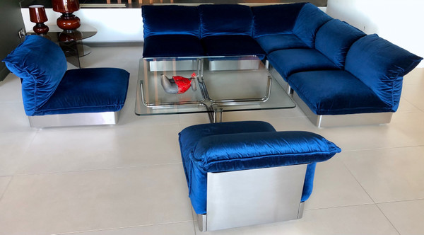 7-seater modular sofa in stainless steel and royal blue velvet, France 70s