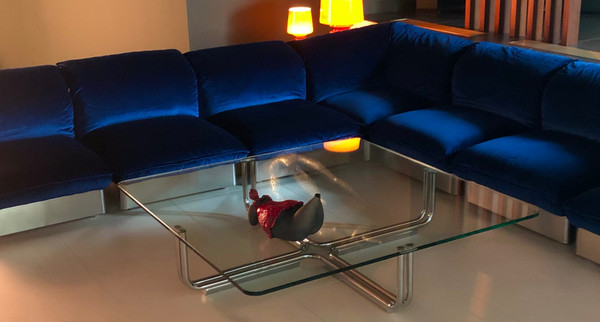 7-seater modular sofa in stainless steel and royal blue velvet, France 70s