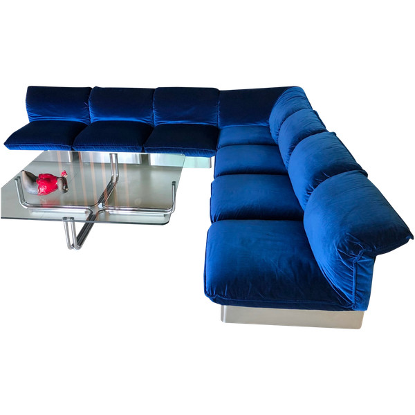 7-seater modular sofa in stainless steel and royal blue velvet, France 70s