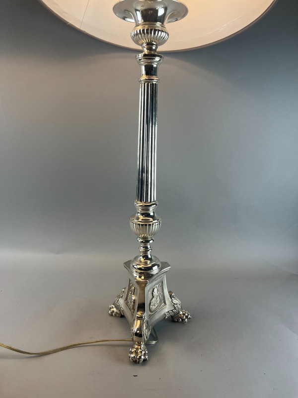 Pair of silvered bronze tripod lamps 