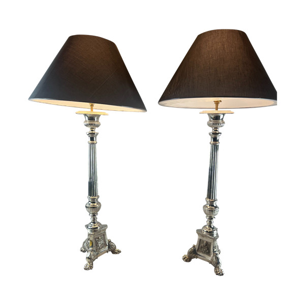 Pair of silvered bronze tripod lamps 