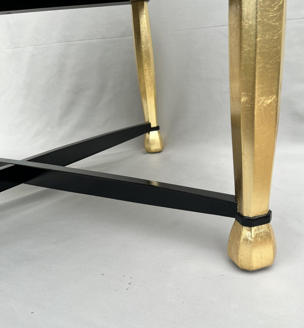 Important Art Deco Pedestal Table In Golden Wood And Black Lacquer