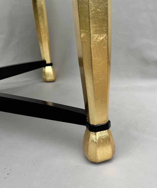 Important Art Deco Pedestal Table In Golden Wood And Black Lacquer