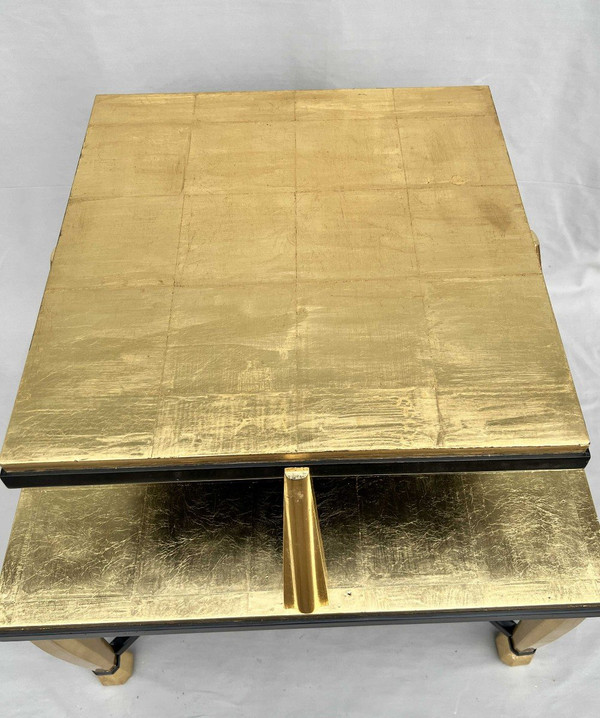 Important Art Deco Pedestal Table In Golden Wood And Black Lacquer