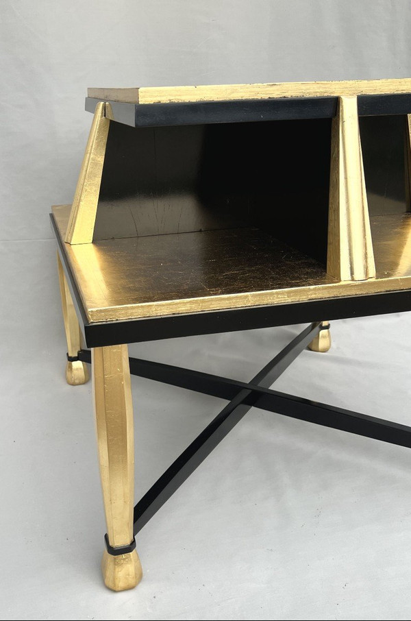 Important Art Deco Pedestal Table In Golden Wood And Black Lacquer