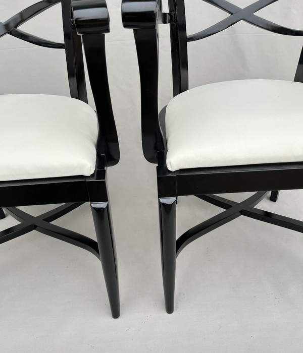 Baptistin Spade (1891-1969) Pair Of Armchairs In Black Lacquer And Ivory Leather