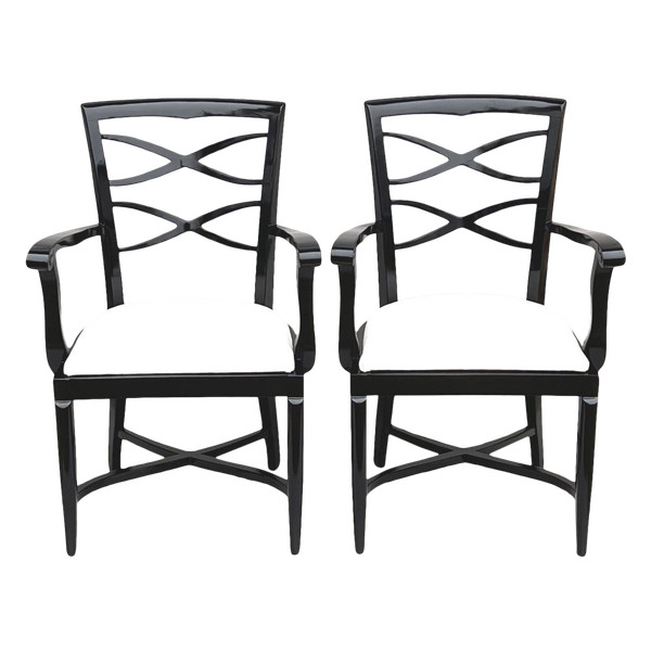 Baptistin Spade (1891-1969) Pair Of Armchairs In Black Lacquer And Ivory Leather