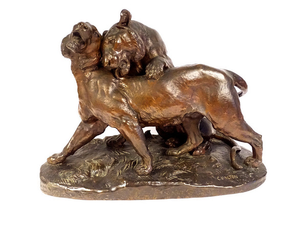 Large Charles Valton Bronze Sculpture Two Lionesses Animal Sculptor 19th