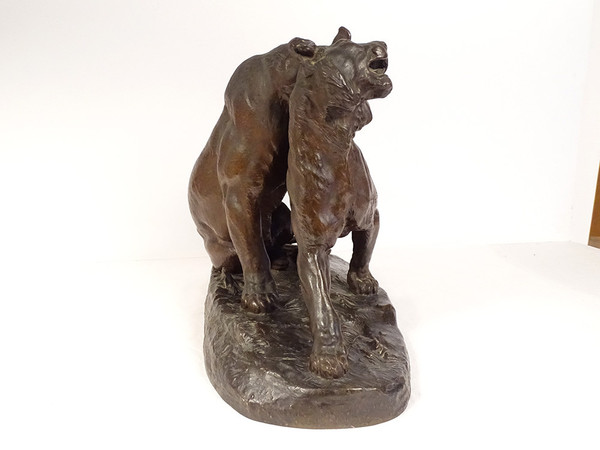 Large Charles Valton Bronze Sculpture Two Lionesses Animal Sculptor 19th