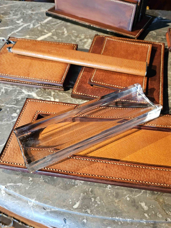 Nécessaire De Bureau En Cuir Piqué Sellier et verre taillé 8 Pièces Dlg Hermès