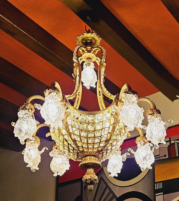 Important Chandelier In Gilt Bronze And Crystal 13 Lights