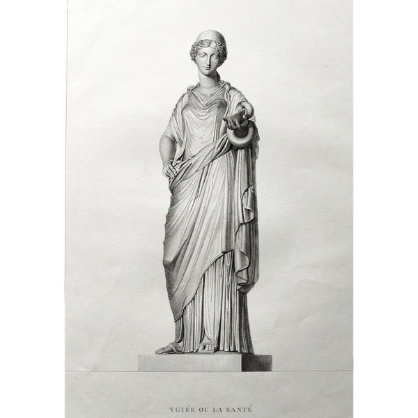  Mythological Etching Ygiée Health Greek Goddess Engraving 19th C Old Print