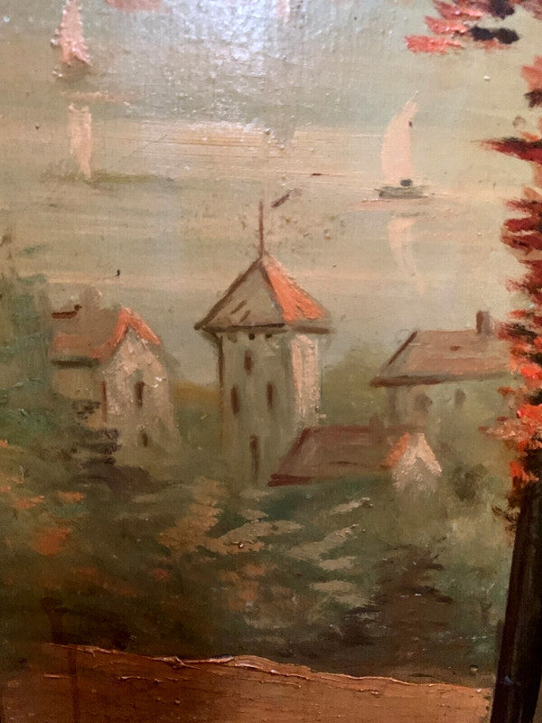 Huile sur toile "Vue sur le lac " panneaux mural décoratif XX siècle