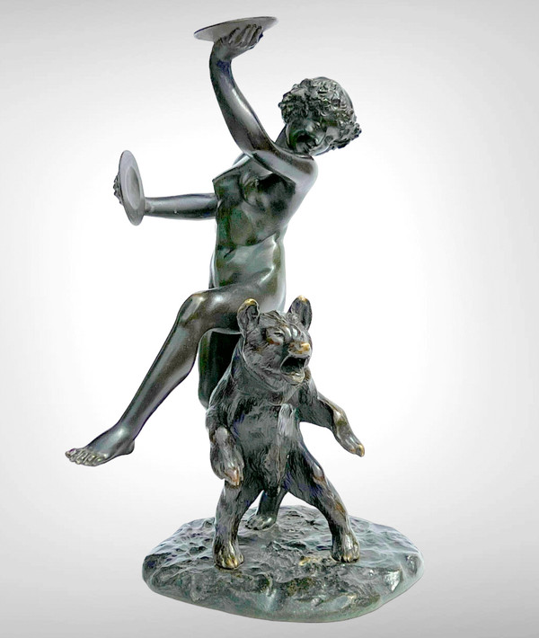 BRONZO ANTICO FIRMATO DA CHARLES PAILLET (1871-1937) “LA BACCANTE E IL SUO ORSO”