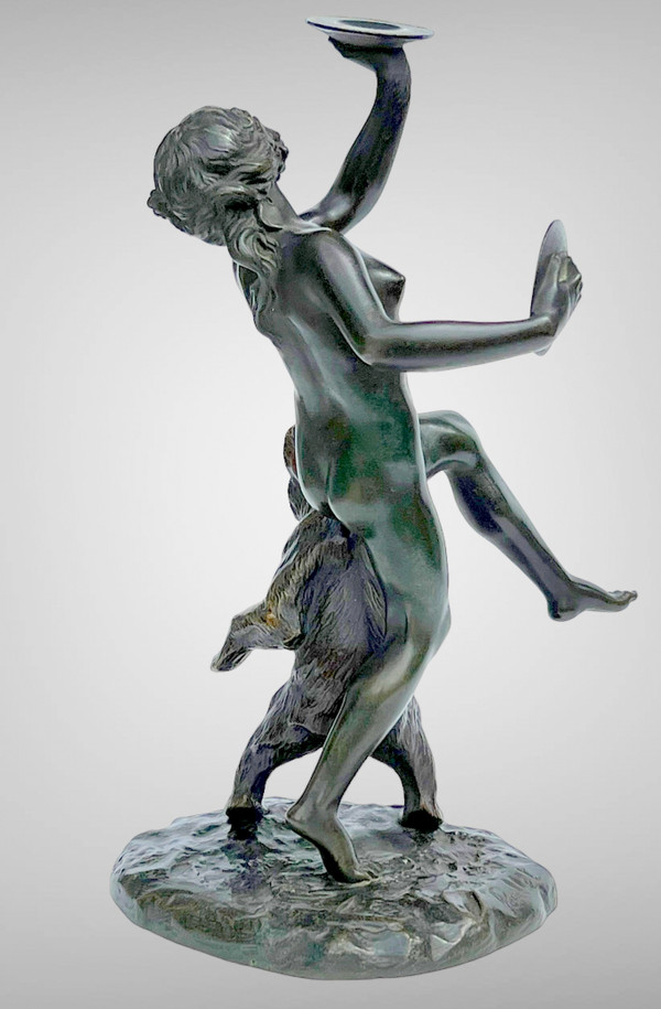 BRONZO ANTICO FIRMATO DA CHARLES PAILLET (1871-1937) “LA BACCANTE E IL SUO ORSO”