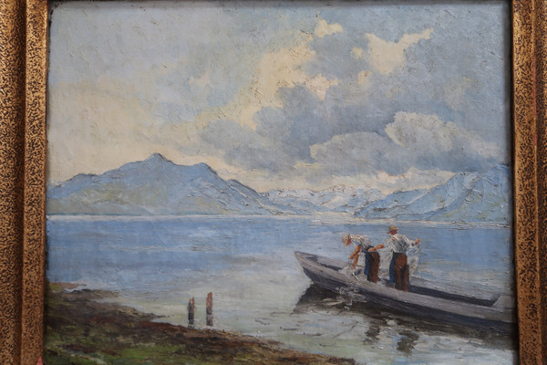 painting, landscape of mountain lake and fishermen.