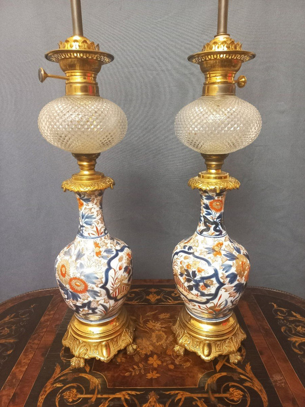 Important Pair Of Late 19th Century Porcelain And Gilt Bronze Lamps H80cm