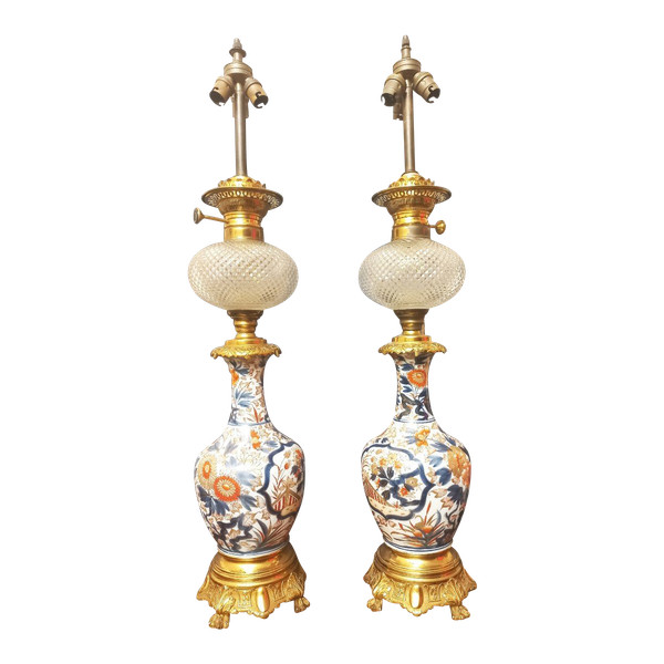 Important Pair Of Late 19th Century Porcelain And Gilt Bronze Lamps H80cm