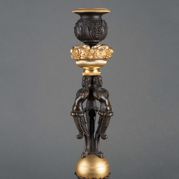 Pair of Bronze and Gilded Bronze Candlesticks, 19th Century