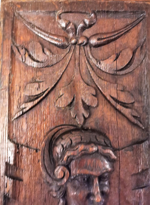 2 17th century carved oak panels representing man and woman