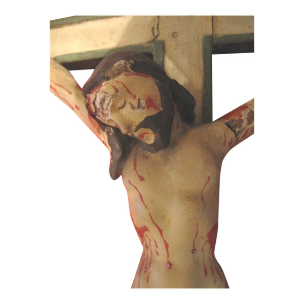 Portugiesischer Indo-Christus am Kreuz, aus Holz geschnitzt mit Polychromie, Ende des 18. Jahrhunderts