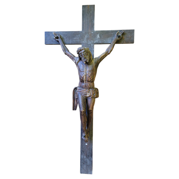 Grand christ en bois sculpté tête inclinée ceinte d'une couronne d'épines XVII siècle