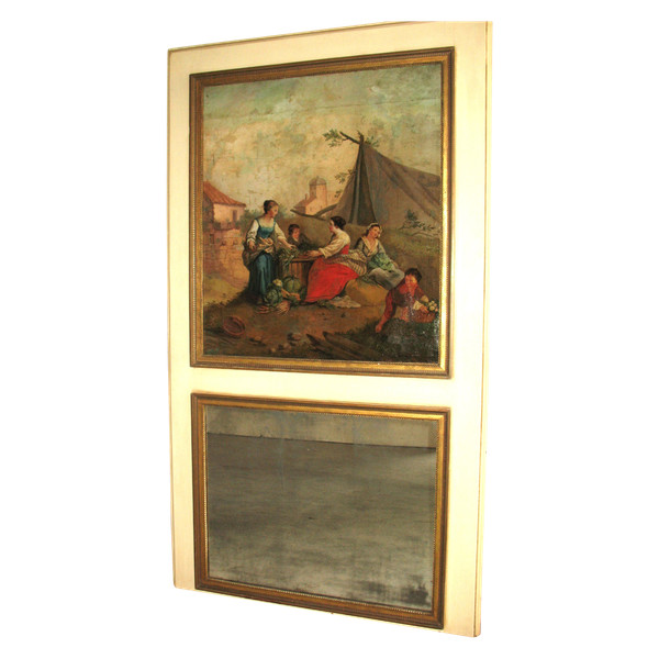 Trumeau en bois laqué huile sur toile et miroir au mercure époque fin 18ème Louis XVI