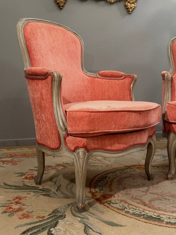 Pair Of Louis XV Style Lacquered Wood Bergeres, 19th Century