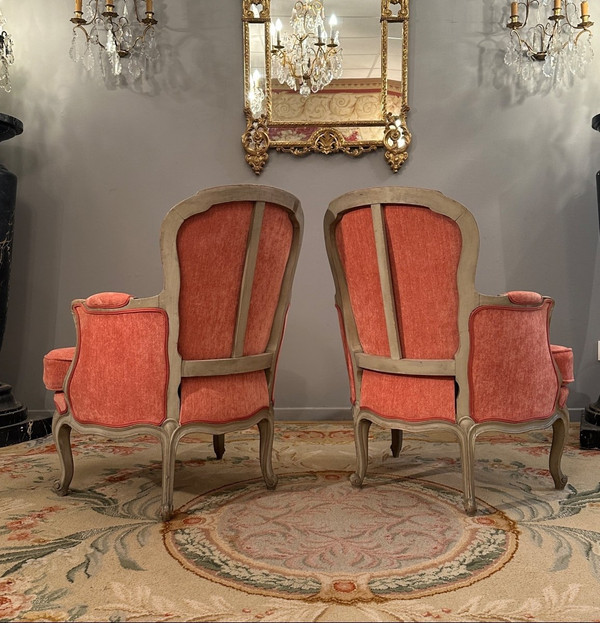 Pair Of Louis XV Style Lacquered Wood Bergeres, 19th Century