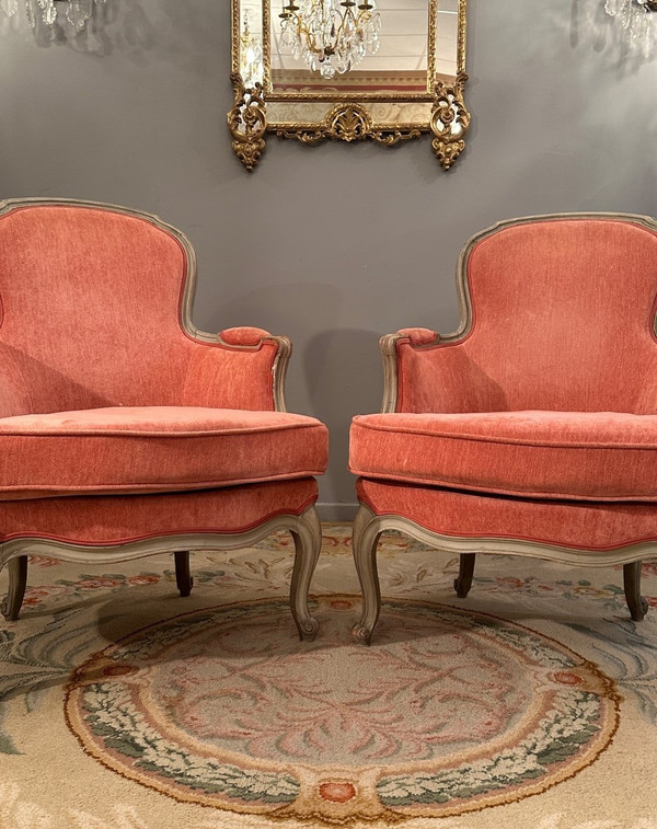 Pair Of Louis XV Style Lacquered Wood Bergeres, 19th Century