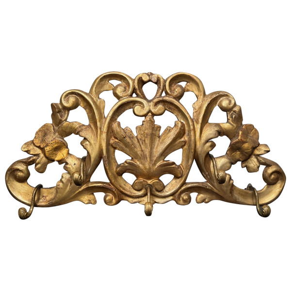 Rare coat rack in gilded wood, Italy, 19th century.