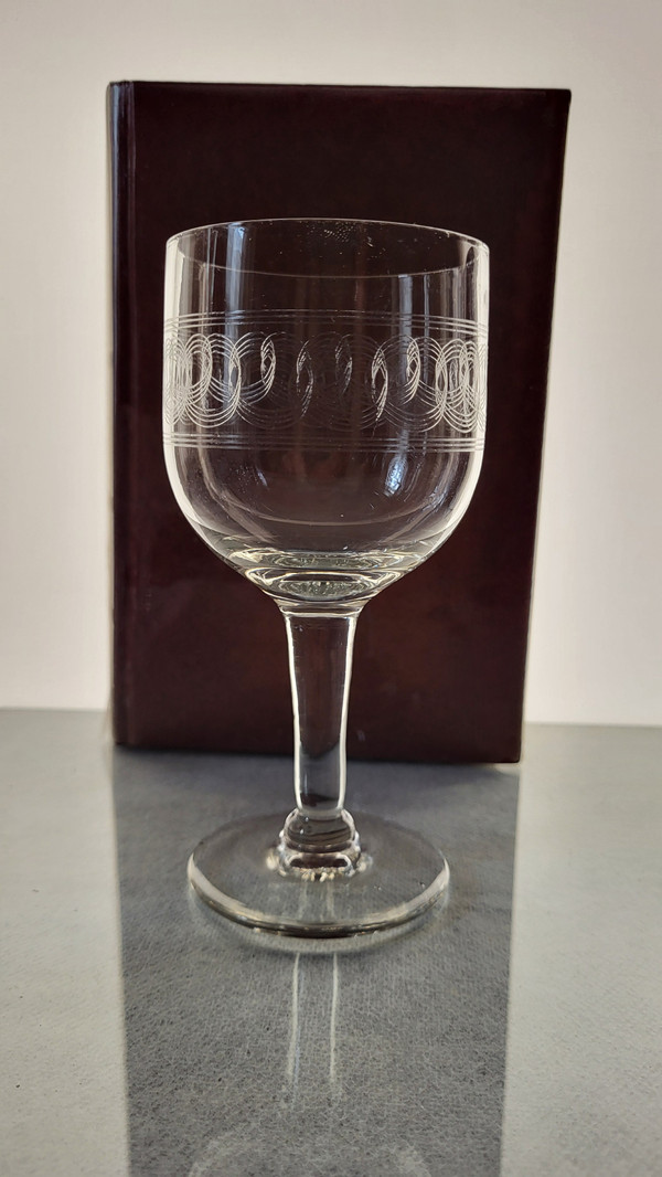 7 19th century guilloche wine glasses